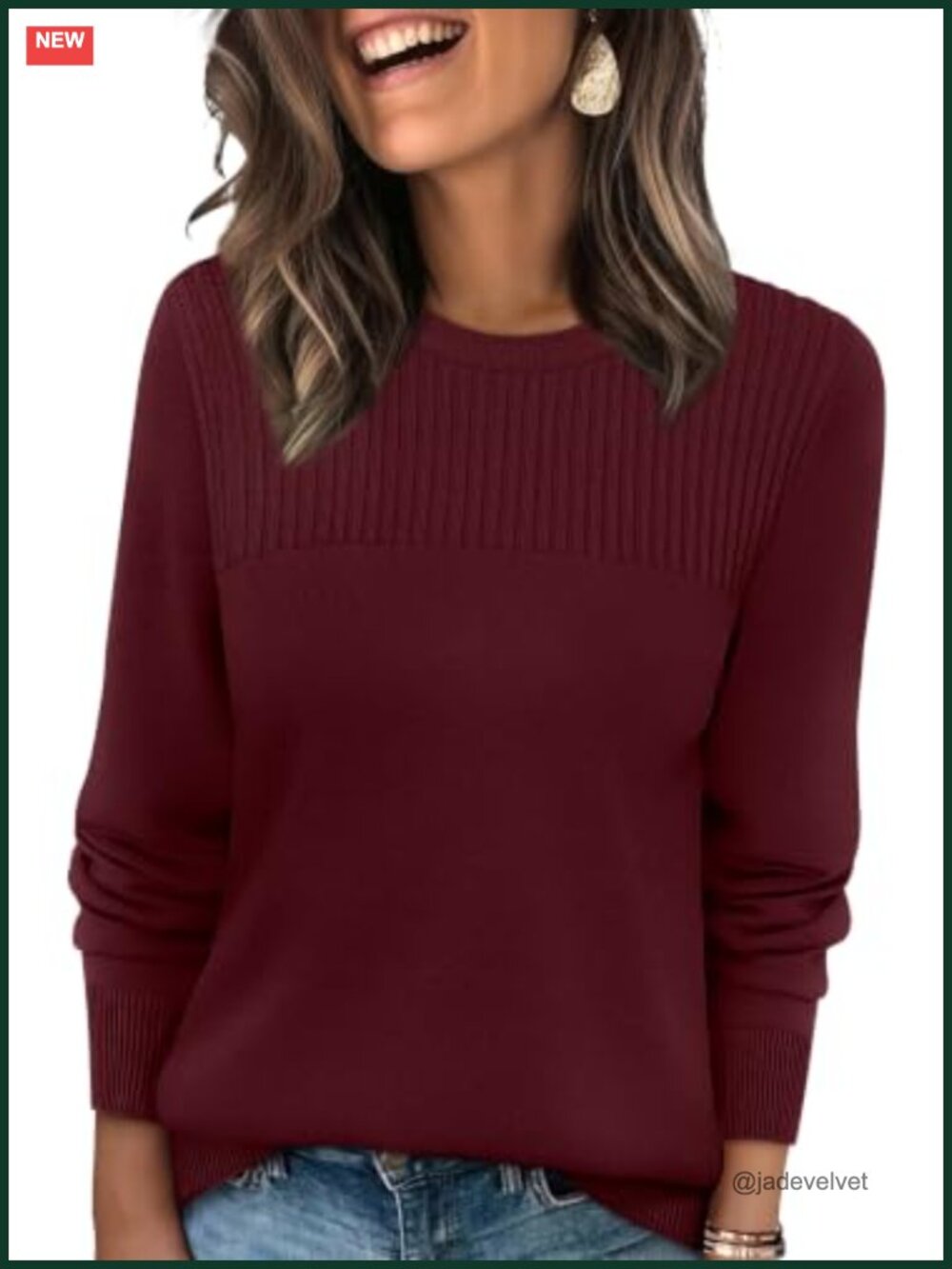 Womens Soft Knit Pullover Sweater Long Sleeve Crew Neck Ribbed Trim